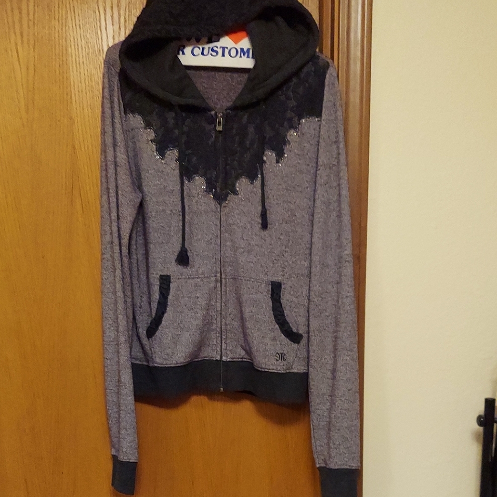 Miss Me Gray and Black Lace Accent Varsity Jacket